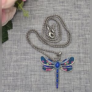 Vintage Silver Tone Dragonfly Necklace Pendant Blue Beads‎ Handmade